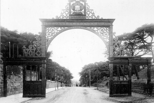 Two arches were put up on Harrogate Road to decorate route to Harewood House, where the Royal Party visited. Designed by Sidney Kitson, arches were plaster and wood replicas of the 17th Century oak rood sreen enclosing the eastern portion of St. John's Church, Briggate. Thirty one feet high, Twenty four feet wide, topped by the Leeds Coat of Arms.