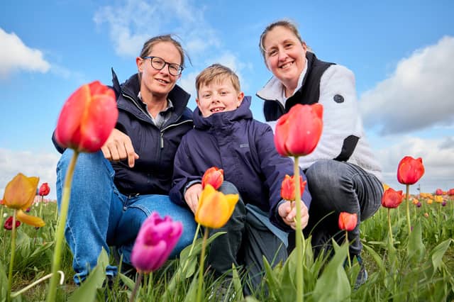 Alex, Jonah and Becky at Farmer Copleys' Tulip Festival 2026.