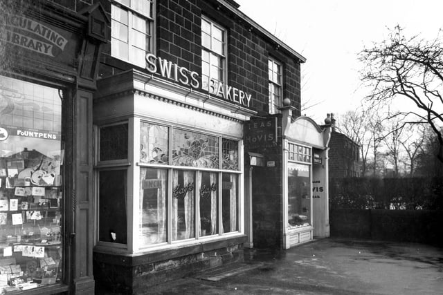Swiss Cafe and Bakery, the  business of Francis William Walker, on Otley Road in January 1936. This is looking towards the junction with Alma Road.