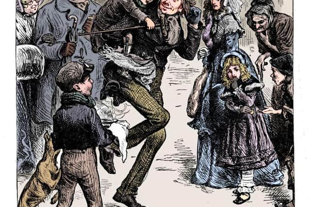 Scene from A Christmas Carol by Charles Dickens, 1843 - Bob Cratchett carrying Tiny Tim (Photo: The Print Collector/Getty Images)