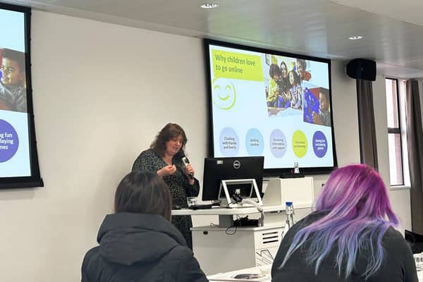 NSPCC's Gail Sayles speaks at the Leeds Online Safety Campaign event.