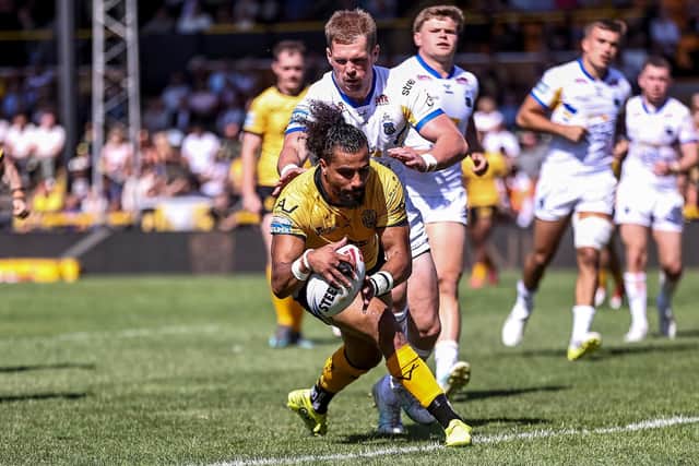 Ashton Golding scores for Castleford Tigers during their win against his old club Leeds Rhinos two weeks ago. Picture by Simon Hall/SWpix.com.