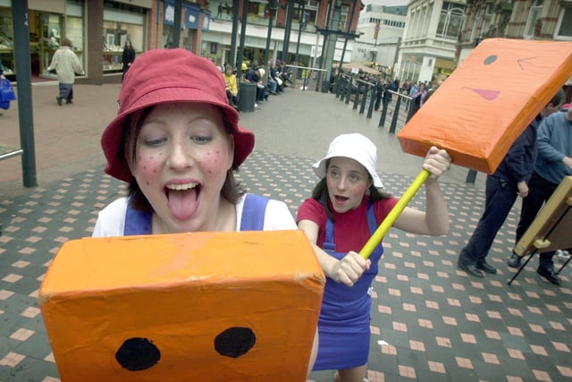 Performing art students from Park Lane College took to the streets of the city centre in May 2000 to show off their talents. Pictured are, from left, Laurra Nalty and Lauren Graham.