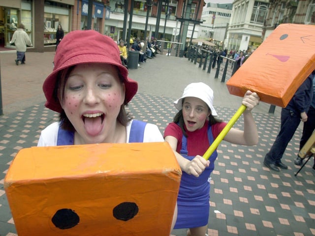 Performing art students from Park Lane College took to the streets of the city centre in May 2000 to show off their talents. Pictured are, from left, Laurra Nalty and Lauren Graham.