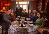 L-R, Tristan (Callum Woodhouse), Mrs Hall  (Anna Madeley), Richard Alderson (Tony Pitts), Siegfried (Samuel West), Jenny (Imogen Clawson), James (Nicholas Ralph), and Helen (Rachel Shenton) in the All Creatures Great and Small Christmas Special 2024. Picture: Helen Williams/Channel 5/Playground