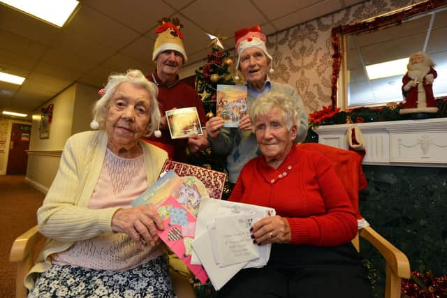 Westoe Grange Care Home Christmas card send in campaign in 2016. Residents from left Mena Larkin, Alan Makepeace, Alan Churchwood and Betty McTavy