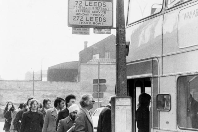 Bus queues in Leeds in March 1976.