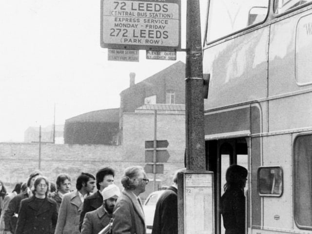 Bus queues in Leeds in March 1976.