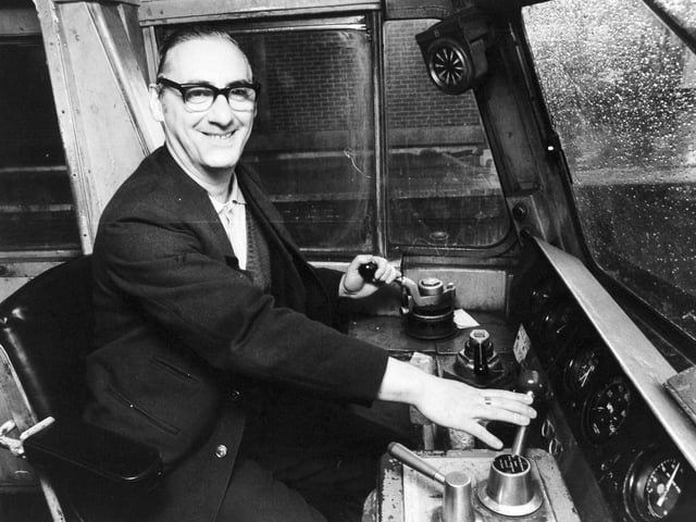 Ron Hoffman in the cab of his diesel electric loco at Leeds City Station in October 1977.