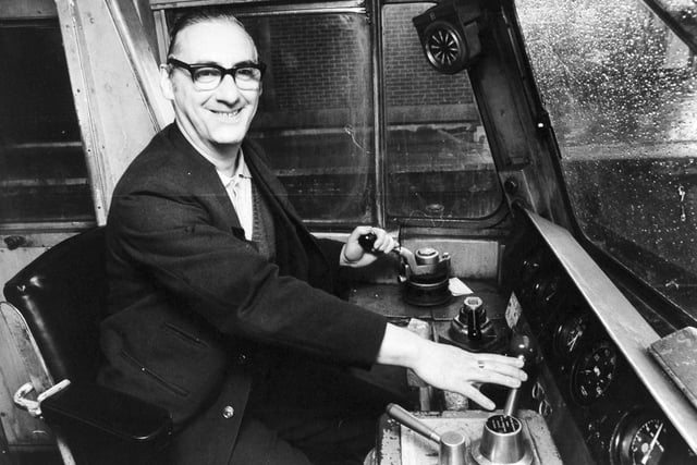Ron Hoffman in the cab of his diesel electric loco at Leeds City Station in October 1977.