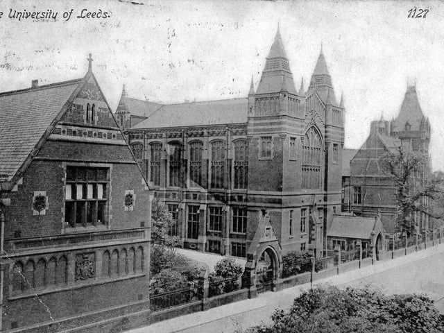 A postcard with a postmark of August 21, 1913 showing buildings of Leeds University on University Road. The university's origins lie in 1874 when a textile college was opened on Cookridge Street with 24 students. The site shown here was acquired in 1877 and the buildings designed by Alfred Waterhouse began with the Clothworkers Court on the left. In 1878 the college became known as the Yorkshire College and it merged with the Medical School in 1884. An engineering department was added in 1886. The Great Hall, seen in the centre, was opened in October 1894. On April 1904 a Royal Charter was signed creating Leeds University.