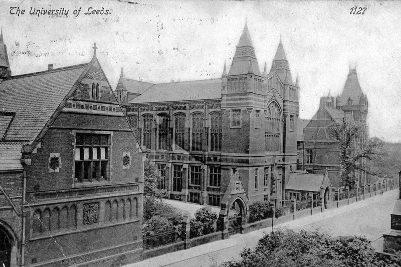 A postcard with a postmark of August 21, 1913 showing buildings of Leeds University on University Road. The university's origins lie in 1874 when a textile college was opened on Cookridge Street with 24 students. The site shown here was acquired in 1877 and the buildings designed by Alfred Waterhouse began with the Clothworkers Court on the left. In 1878 the college became known as the Yorkshire College and it merged with the Medical School in 1884. An engineering department was added in 1886. The Great Hall, seen in the centre, was opened in October 1894. On April 1904 a Royal Charter was signed creating Leeds University.