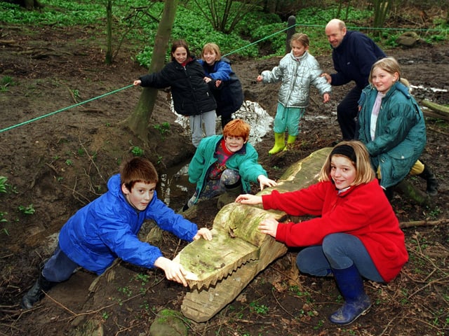 Bruce Fowler leads children from Thorner C of E School on a mud and crocodiles adventure at Nell Bank Outdoor Centre in Ilkley. Pictured in March 1997.
