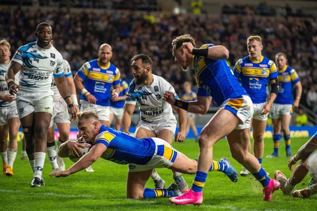 Brad Dwyer scored 35 tries for Leeds, including this one against Toulouse in April. Picture by Bruce Rollinson.