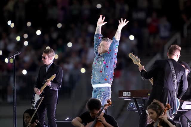 Robbie Williams performs at half-time during the Soccer Aid for UNICEF match at The London Stadium (Photo: Zac Goodwin/PA Wire)