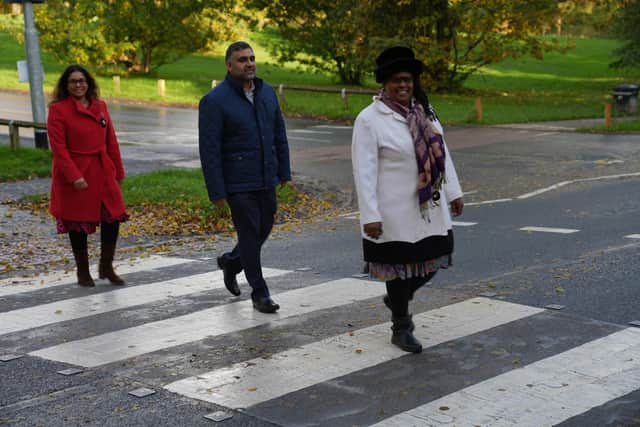 Leeds councillors Sharon Hamilton, Mohammed Shahzad and Mahalia France-Mir are pictured at the new zebra crossing on Gledhow Valley Road. Photo: Leeds City Council