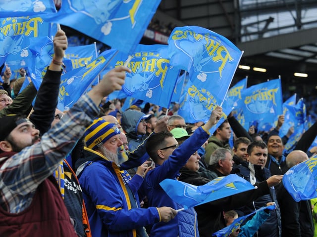Leeds Rhinos fans fly the flag at Old Trafford.