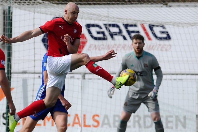 April 17, 2021, League 1: Cove Rangers 2, Falkirk 0
Conor Sammon taking a shot for Falkirk at the Balmoral Stadium in Aberdeen