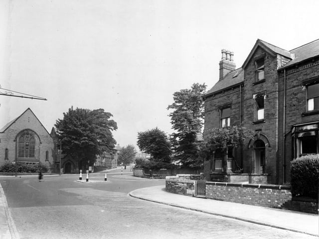 End of Cardigan Road as it joins up with St. Michael's Road, North Lane and Kirkstall Lane. South Parade Baptist Church and South Parade on the left. Pictured in June 1949.