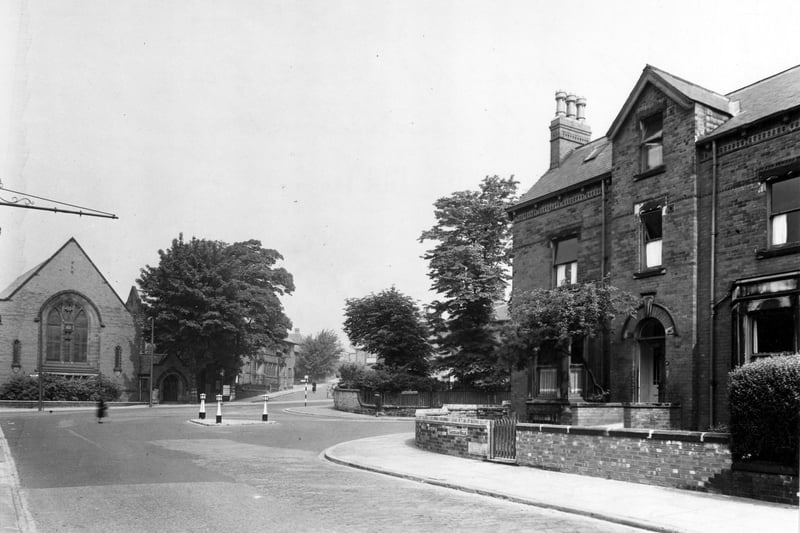End of Cardigan Road as it joins up with St. Michael's Road, North Lane and Kirkstall Lane. South Parade Baptist Church and South Parade on the left. Pictured in June 1949.