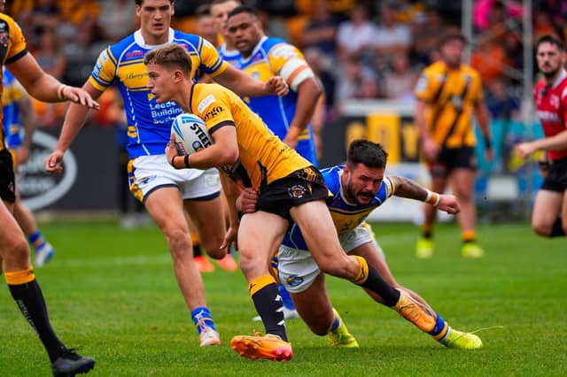 Jenson Windley, seen in action against Leeds Rhinos two weeks ago, will be stood down for a couple of games after being knocked out during Castleford Tigers' defeat at Catalans Dragons last Saturday. Picture by Olly Hassell/SWpix.com
