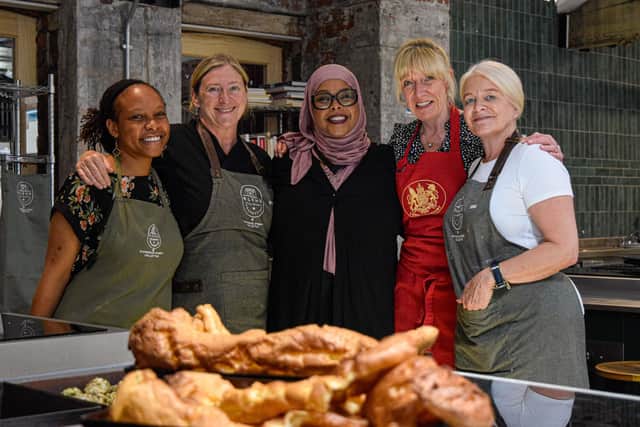The Lord Mayor of Sheffield, Safiya Saeed, next to Professor Dame Hilary Chapman, HM Lord-Lieutenant of South Yorkshire, and with the Blend Culinary Foundation team, celebrating Yorkshire Day.
