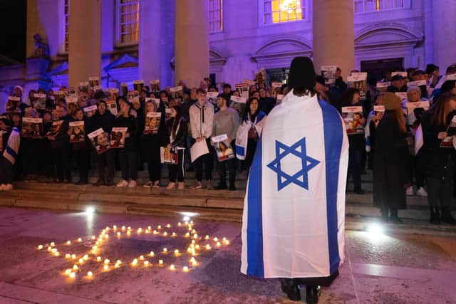 Candles, balloons and photographs were brought to Millennium Square on November 7 as speakers called for the safe return of Israeli hostages. Photo: Shelley Zadok.