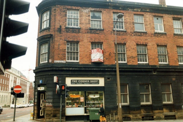 The Corner Shop, a newsagents on Cookridge Street at the junction with Great George Street pictured in April 1990. In 1992 the businesses in this building were closed down and the whole site redeveloped opening in 1996 as the Courtyard Bar.