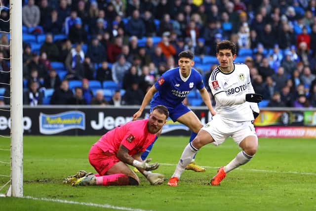 SAVIOUR: Sonny Perkins draws Leeds United level in the 93rd minute. Photo by Michael Steele/Getty Images.