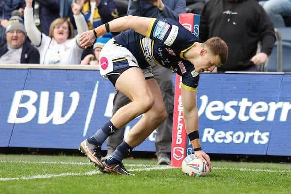Ash Handley, seen scoring at home to Huddersfield in April, could fill in at full-back next season, if new Rhinos signing Lachie Miller is unavailable. Picture by John Clifton/SWpix.com.