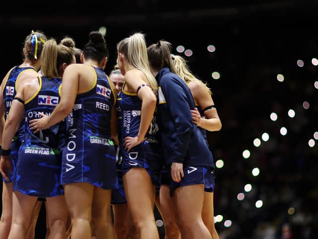 Team Leeds Rhinos huddle during the Netball Super League 2023 Season Opener at Motorpoint Arena Nottingham on February 11, 2023 in Nottingham (Picture: Naomi Baker/Getty Images for England Netball)