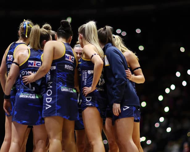Team Leeds Rhinos huddle during the Netball Super League 2023 Season Opener at Motorpoint Arena Nottingham on February 11, 2023 in Nottingham (Picture: Naomi Baker/Getty Images for England Netball)