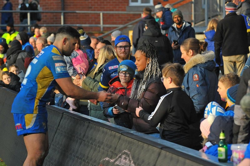 Ace goal kicker Rhyse Martin meets fans after Leeds Rhinos' 18-10 win over Catalans Dragons.