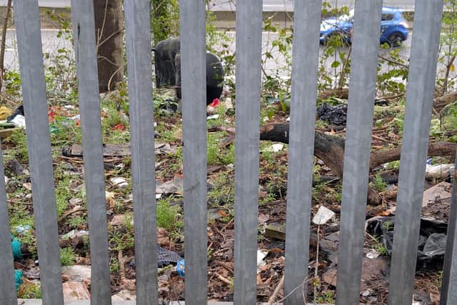 Litter by the road network at Hunslet Moor Park