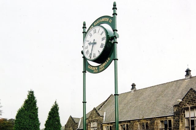Horsforth's Golden Jubilee Clock on Hall Lane at the junction with Fink Hill in October 2003.  The time piece was unveiled in July 2002 when the town's oldest resident, 103 year Ethel Nixon cut the ribbon.