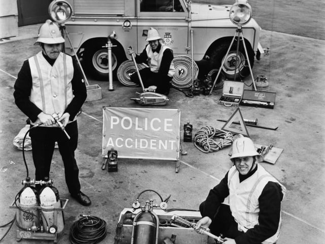 Three of the firefighters at Knottingley Fire Station, pictured with an emergency crash tender and its equipment in August 1970. They are, from left, Alan Chadwick, Brian Farmer and Arthur Troughton.