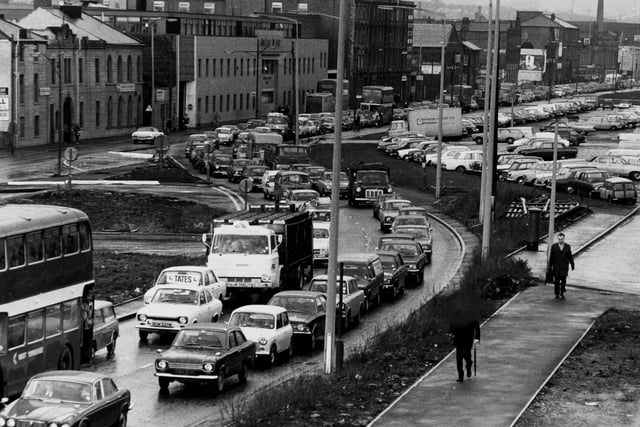 Kirkstall Road from the Leeds Fire Station headquarters in January 1974.