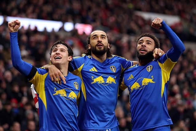 CHRISTMAS CELEBRATIONS: Leeds United goalscorer Dominic Calvert-Lewin with Brenden Aaronson (left) and Jayden Bogle (right) (Image: Stu Forster/Getty Images)