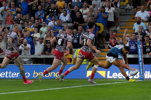 Ryan Hall scores for Leeds Rhinos against Leigh Leopards. Fan Becky Oxley reckons the veteran still has a lot to offer. Picture by Steve Riding.