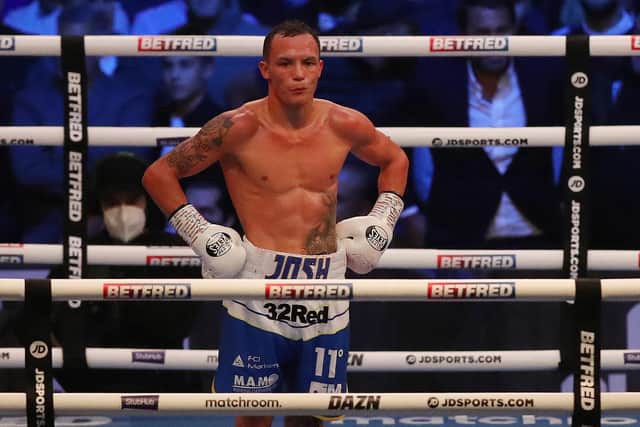 LEEDS, ENGLAND - SEPTEMBER 04: Josh Warrington reacts after the Featherweight fight between Mauricio Lara and Josh Warringtonat Emerald Headingley Stadium on September 04, 2021 in Leeds, England. (Photo by George Wood/Getty Images)