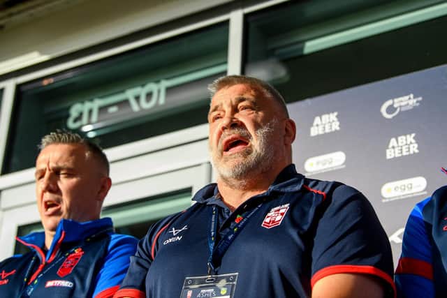 Shaun Wane, right, alongside assistant-coach Andy Last during England's third Test loss to Australia at Leeds Rhinos' AMT Headingley last November. Picture by Allan McKenzie/SWpix.com.