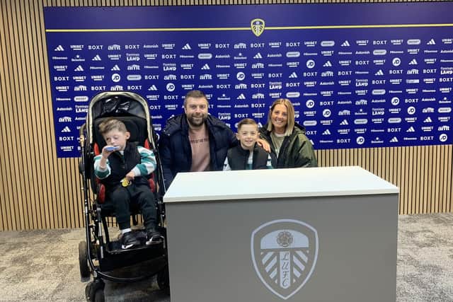 BIG DAY - Antony and Amy Owen with their sons Roux (4) and Noah (6) at Leeds United's Thorp Arch training ground in Wetherby on a special visit.