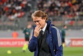 Italy's coach Roberto Mancini gestures during the UEFA Euro 2024 Group C qualification match between Malta and Italy, at the National stadium in Ta'Qali, Malta, on March 26, 2023. (Photo by Alberto PIZZOLI / AFP) (Photo by ALBERTO PIZZOLI/AFP via Getty Images)