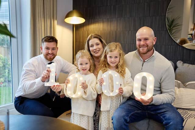 The Stuart family celebrate winning £1000 at The Fairways in Wombwell. Pictured with Miller Homes Axle Keoghan are Tom, Katie, Phoebe and Heidi