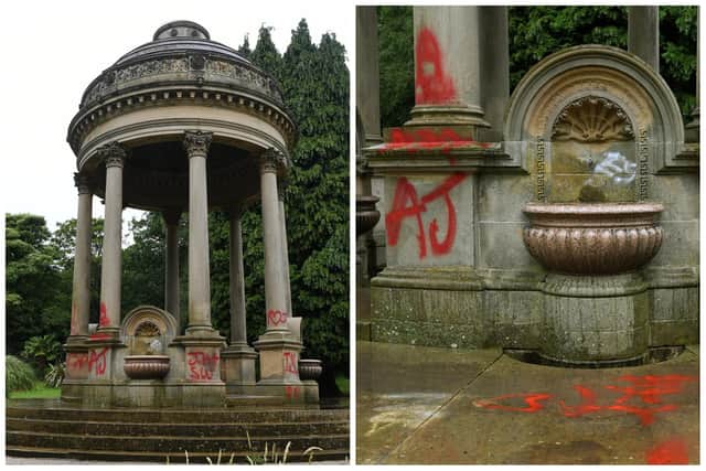 The vandalism at the Barrans Fountain, in Roundhay Park, was spotted last week and efforts were made to remove it by council works. Photo: Jonathan Gawthorpe.