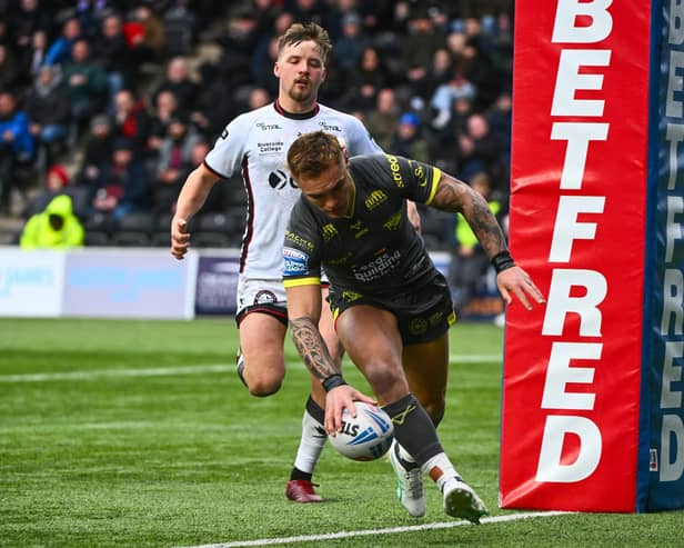 Danny Levi scores a try on his Leeds Rhinos debut in the Betfred Challenge Cup win at Widnes Vikings. Picture by Olly Hassell/SWpix.com.