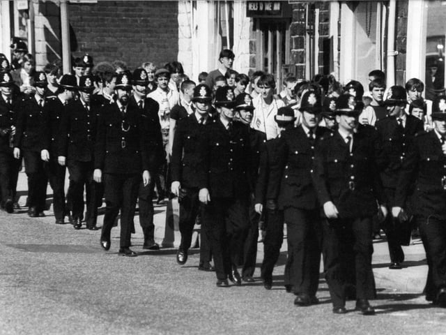 Leeds United fans get a police escort to Hillsborough ahead of the clash against Sheffield Wednesday in September 1982. Leeds won 3-2 thanks to a goal from Aiden Butterworth, and a brace from Frank Worthington.