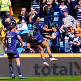 Derrell Olpherts, right, jumps for joy as the final whistle sounds in Featherstone Rovers' 1895 Cup semi-final win at Oldham last month. Picture by Olly Hassell/SWpix.com.