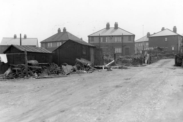 Backs of houses on Moor End Farm in July 1936. To left of photo is washing on line, sheds & cart. Back gardens & greenhouse to right of photo.