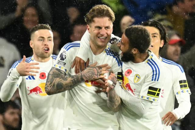 Leeds United's Welsh defender #06 Joe Rodon (C) celebrates scoring their second goal from a corner in the win over West Ham (Picture: Getty Images)
